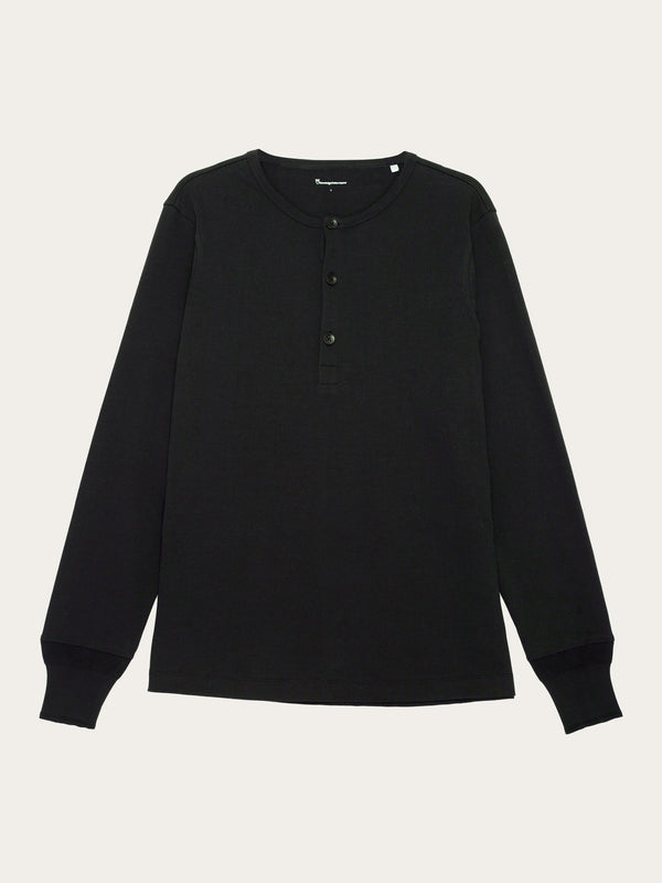 KnowledgeCotton Apparel - MEN BO long sleeve henley - Regenerative Organic Certified™ - GOTS/Vegan Henleys 1300 Black Jet