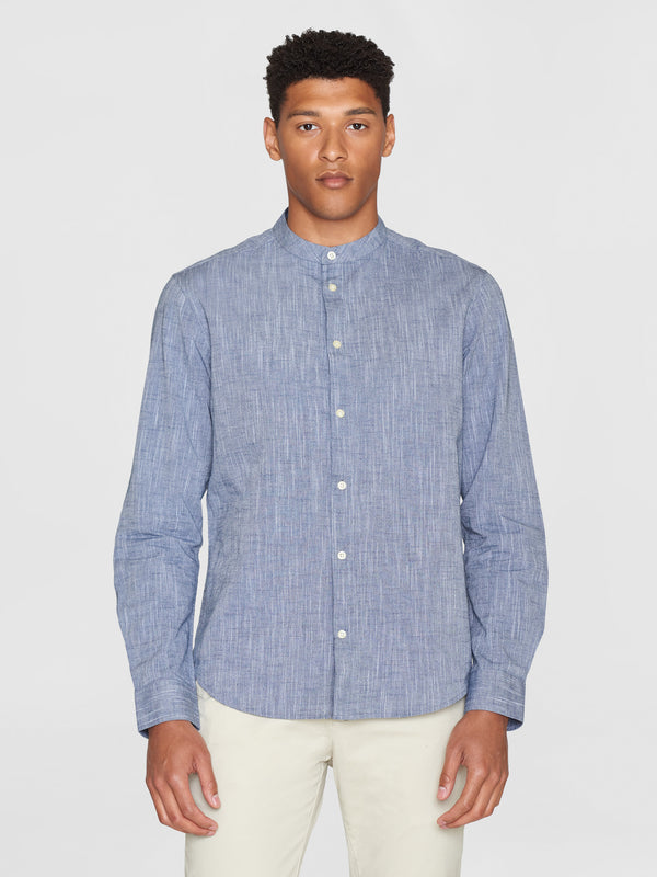 KnowledgeCotton Apparel - MEN Custom fit linen stand collar shirt Shirts 1001 Total Eclipse