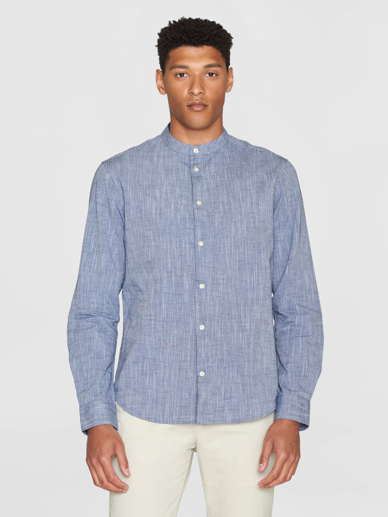 KnowledgeCotton Apparel - MEN Custom fit linen stand collar shirt Shirts 1001 Total Eclipse