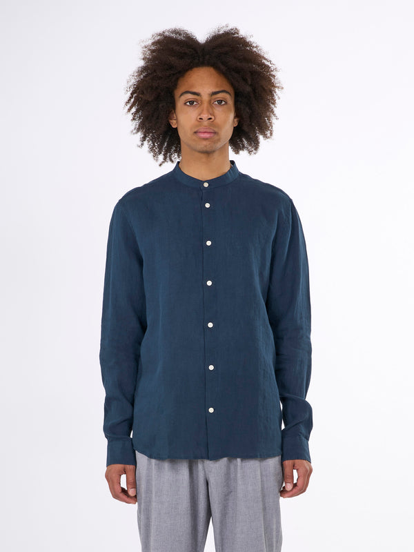 KnowledgeCotton Apparel - MEN Custom fit linen stand collar shirt Shirts 1001 Total Eclipse