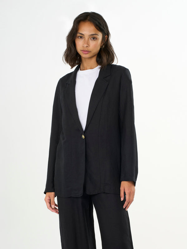 KnowledgeCotton Apparel - WMN Linen mix loose blazer Jackets 1300 Black Jet